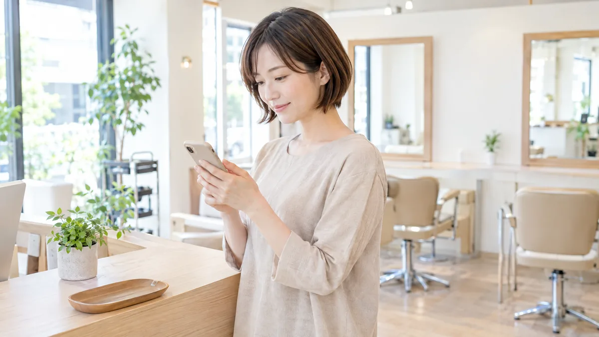開店前の明るい美容院で、スマートフォンを確認するオーナー