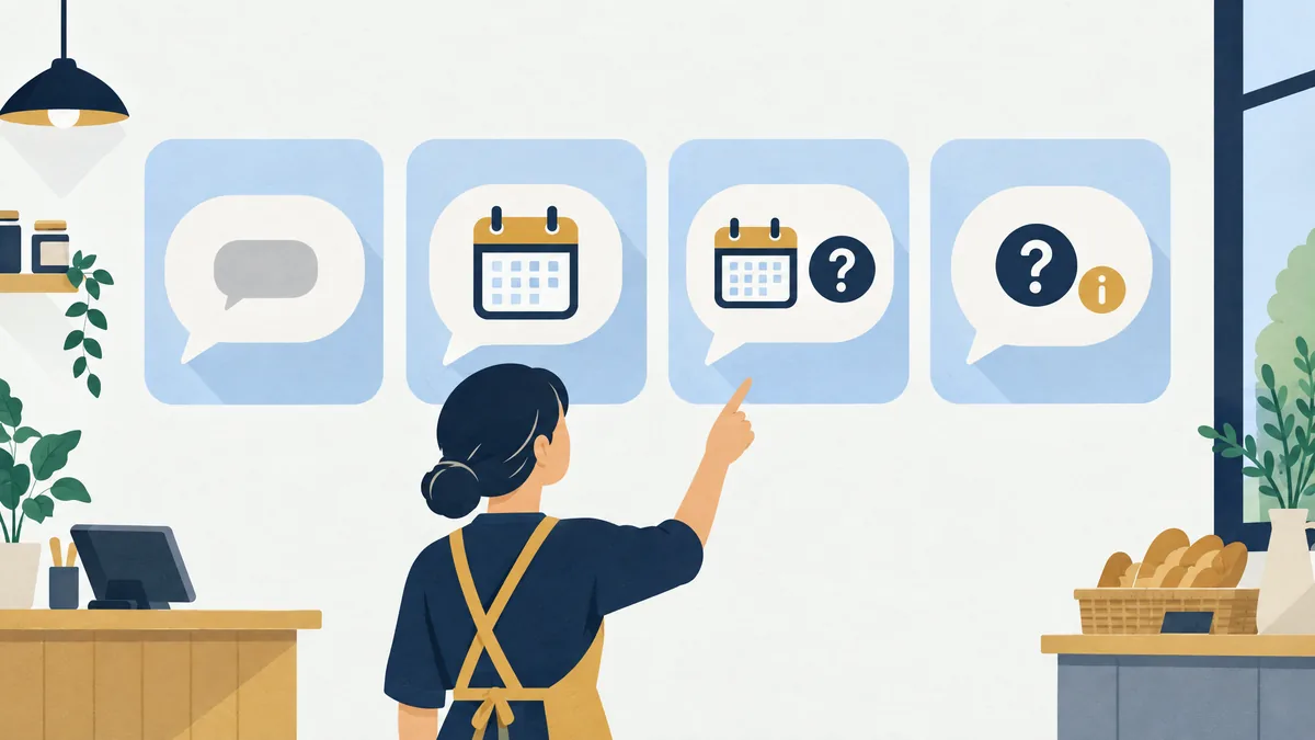 AIチャットの4つの使い方を4つの枠に並べ、店に合うものを選ぶ様子のイラスト