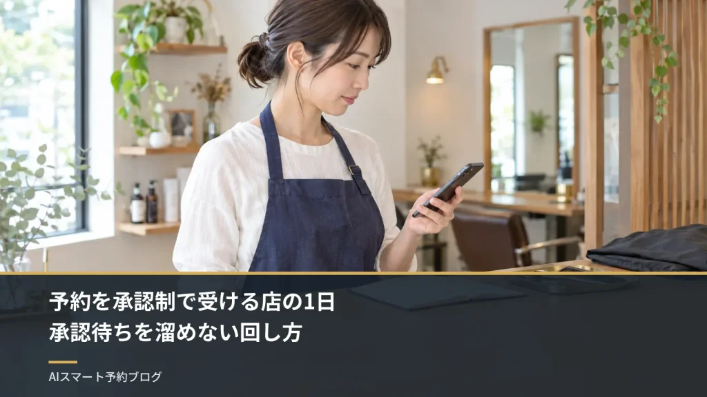 予約を承認制で受ける店の1日承認待ちを溜めない回し方（昼の合間に、美容院の受付の横でスマホを見ながら予約を確かめる美容師）