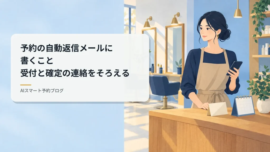 予約の自動返信メールに書くこと受付と確定の連絡をそろえる（店のカウンターで予約の連絡を確かめる店主のイラスト）