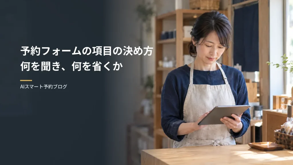 予約フォームの項目の決め方何を聞き、何を省くか（小規模店舗のオーナーがカウンターでタブレットを見ながら、予約で聞く項目を確かめている様子）
