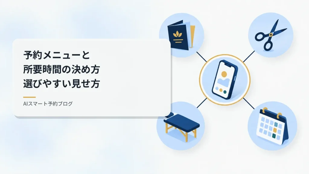 予約メニューと所要時間の決め方選びやすい見せ方（予約メニューと所要時間、予約枠のつながりを表した図解）