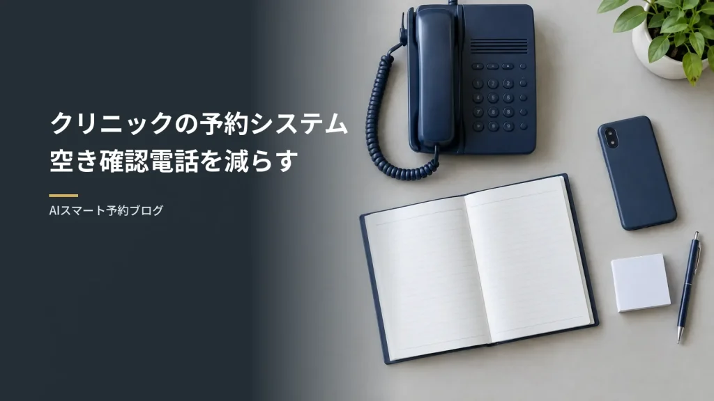 クリニックの予約システム|空き確認電話を減らす クリニックの予約システム空き確認電話を減らす(開院前のクリニックの受付の机を真上から見た様子。受話器・紙の予約台帳・伏せたスマホ・付箋が並んでいる)