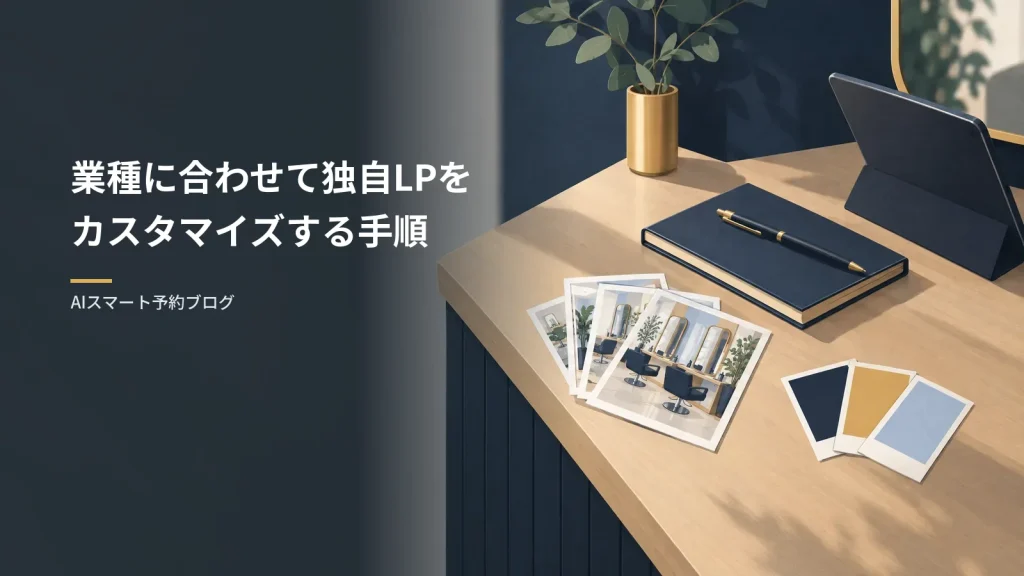 業種に合わせて独自LPをカスタマイズする手順（美容院の受付カウンターに置かれた予約帳、タブレット、写真のプリント、色見本のイラスト）