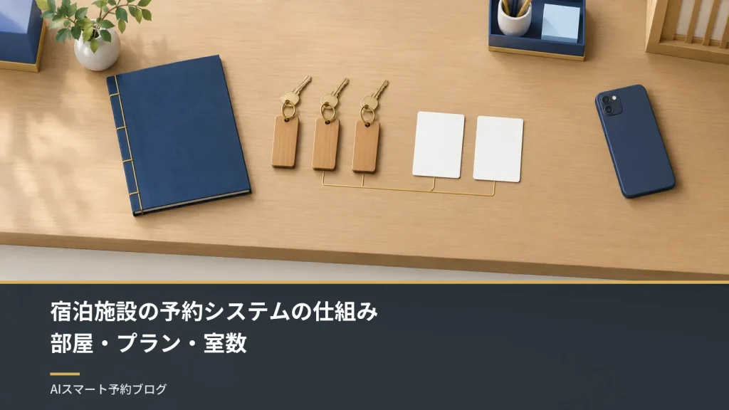宿泊施設の予約システムの仕組み|部屋・プラン・室数 宿泊施設の予約システムの仕組み部屋・プラン・室数(旅館の帳場の机を真上から見た立体のイラスト。部屋の鍵3本と予約台帳、白いカード2枚が並んでいる)
