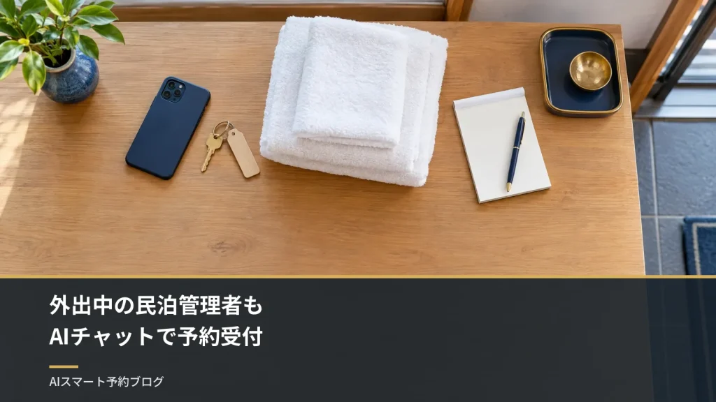 外出中の民泊管理者もAIチャットで予約受付（民泊の玄関脇の机を真上から見た様子。伏せたスマホ、部屋の鍵、たたんだタオル、メモ帳が並ぶ）