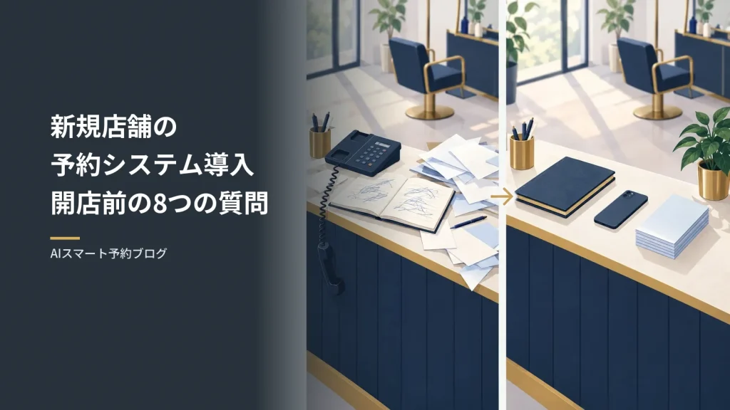 新規店舗の予約システム導入|開店前の8つの質問 新規店舗の予約システム導入開店前の8つの質問(開店前の美容院の受付カウンターで、散らかった予約帳と電話の様子と、片付いた様子を左右に並べたイラスト)