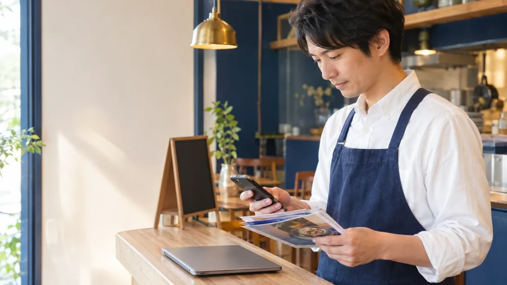 開店前の朝、飲食店の入口近くのカウンターで、店主が開店告知のチラシとスマートフォンを確かめている様子