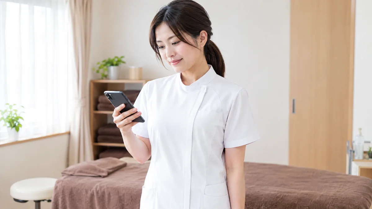 整体院の施術者が、施術の合間にスマートフォンで届いた予約の通知を確認している場面