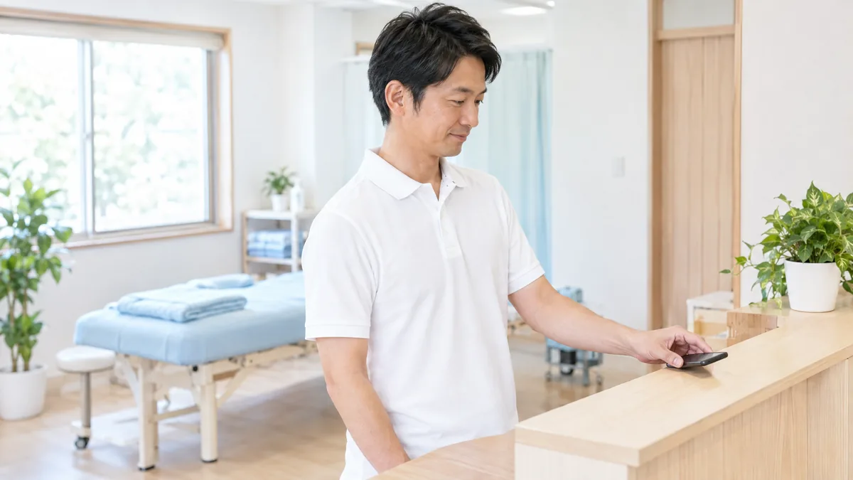 電話予約の対応で手が止まる負担を減らす方法|施術・調理を中断しない受け方 明るい整体院の受付カウンターで、施術の合間にスマートフォンを手に取るスタッフ