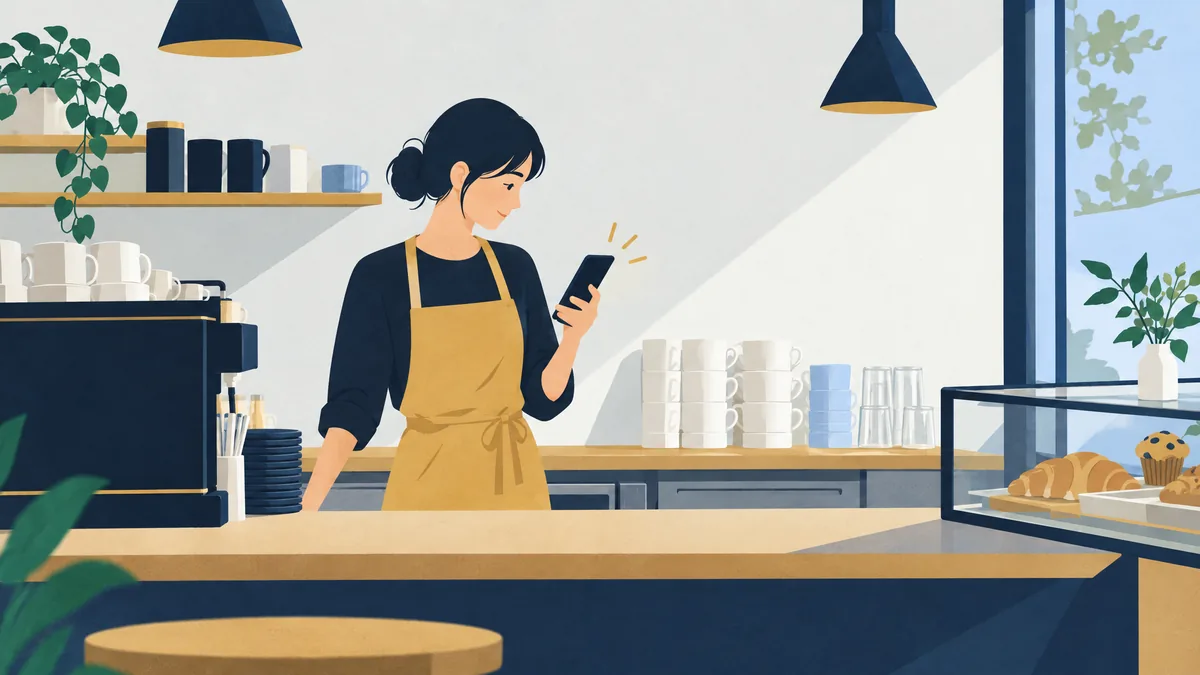 カフェのカウンターで、店のスマートフォンに予約の知らせが届き、手の空いた店員が確かめている様子のイラスト