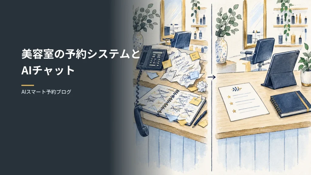 美容室の予約システムとAIチャット（美容室の受付カウンターの手書き風スケッチ。片側は受話器が外れ書き込みだらけのメニュー表と予約帳、もう片側は目印付きのメニュー表とタブレットで整った様子）
