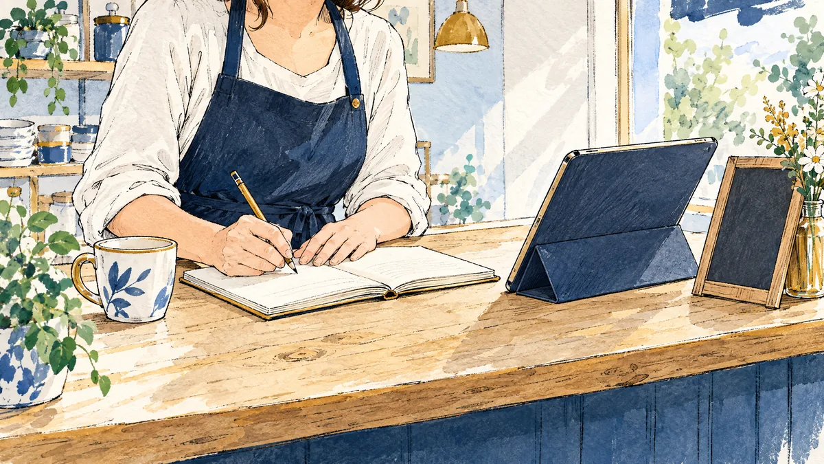 飲食店のカウンターで、店主がタブレットと手帳を並べ、店の説明文を書き直している手書き風のスケッチ