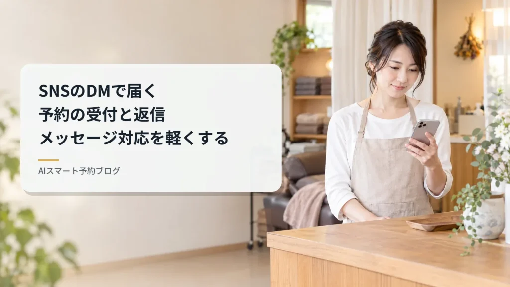 SNSのDMで届く予約の受付と返信メッセージ対応を軽くする（小さなサロンのカウンターで、店主が施術の合間にスマートフォンのメッセージを確認している様子）