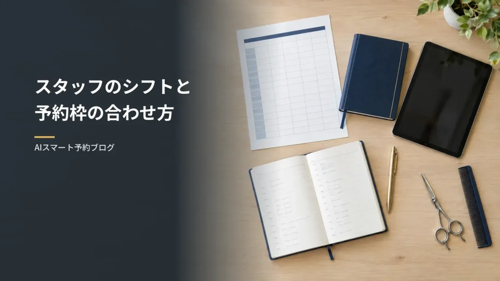スタッフのシフトと予約枠の合わせ方（美容院の受付カウンターを真上から見た、紙の勤務表と予約帳、タブレット、ペンが並ぶ机）