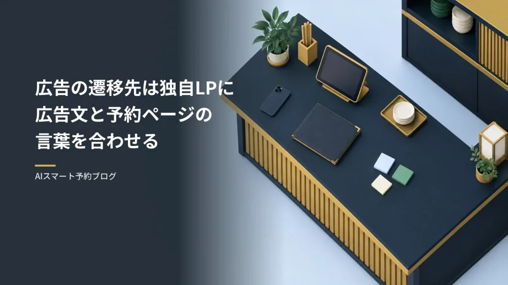 広告の遷移先は独自LPに|言葉をそろえる 広告の遷移先は独自LPに広告文と予約ページの言葉を合わせる(飲食店の受付カウンターを真上から見た、タブレット・伏せたスマートフォン・メニュー・付箋の置かれた机)