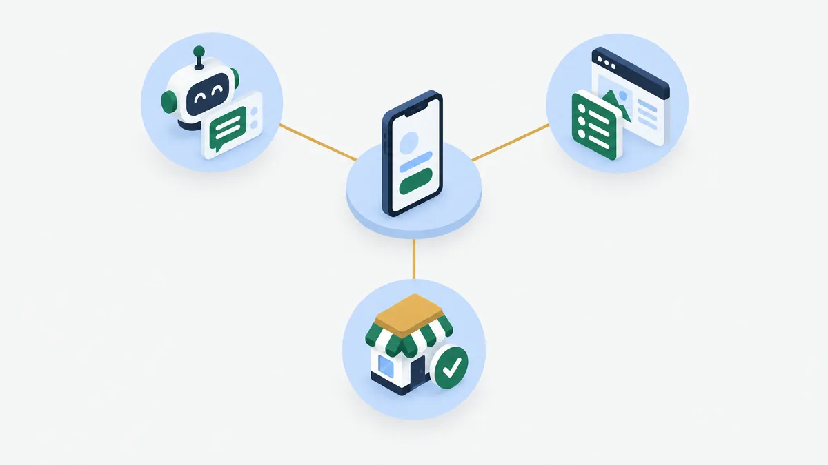 お客様の質問を中心に、AIのFAQ・メニューやページ・店で決めること の3つへ分ける図