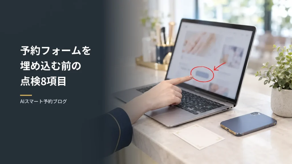 ホームページに予約フォームを埋め込む前の点検8項目|置き場所と行き先をそろえる 予約フォームを埋め込む前の点検8項目(サロンの受付カウンターで、ノートパソコンに映るホームページの予約ボタンの位置を指で確かめる手元)