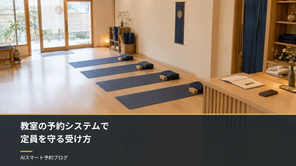 教室の予約システムで定員を守る|ヨガ教室・料理教室の1日から見る受け方 教室の予約システムで定員を守る受け方(マットを並べた小さなヨガ教室と、入口近くの受付台)