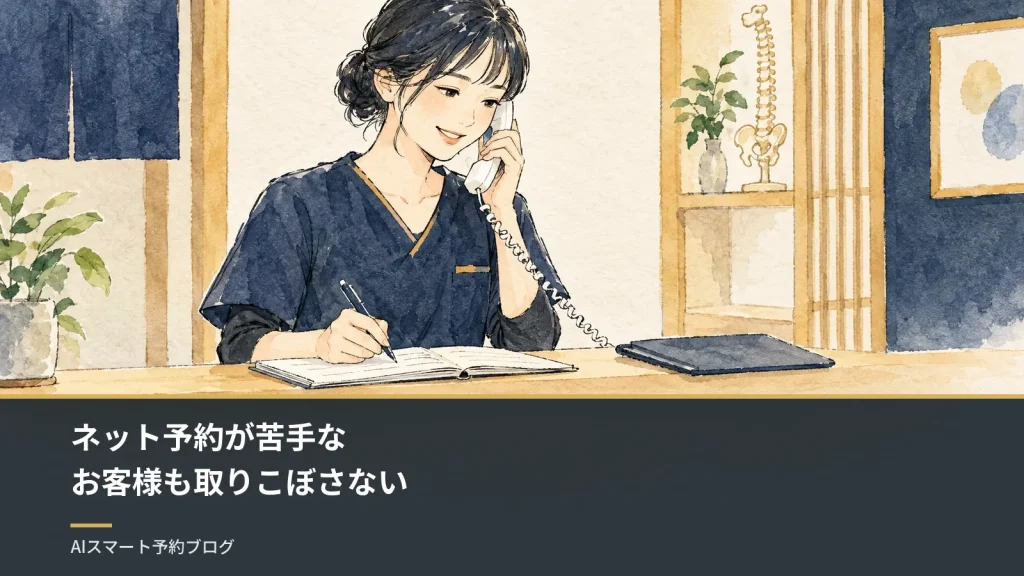 ネット予約が苦手なお客様を取りこぼさない|電話を残しながら予約の負担を減らす ネット予約が苦手なお客様も取りこぼさない(夜の整骨院の受付で、予約帳を見ながら電話で予約を受けるスタッフ)