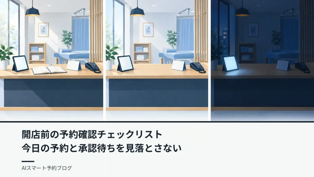 開店前の予約確認チェックリスト今日の予約と承認待ちを見落とさない（整骨院の受付カウンターを朝・昼・夜の3コマで描いたイラスト。タブレット、予約帳、卓上カレンダー、受話器が置かれている）