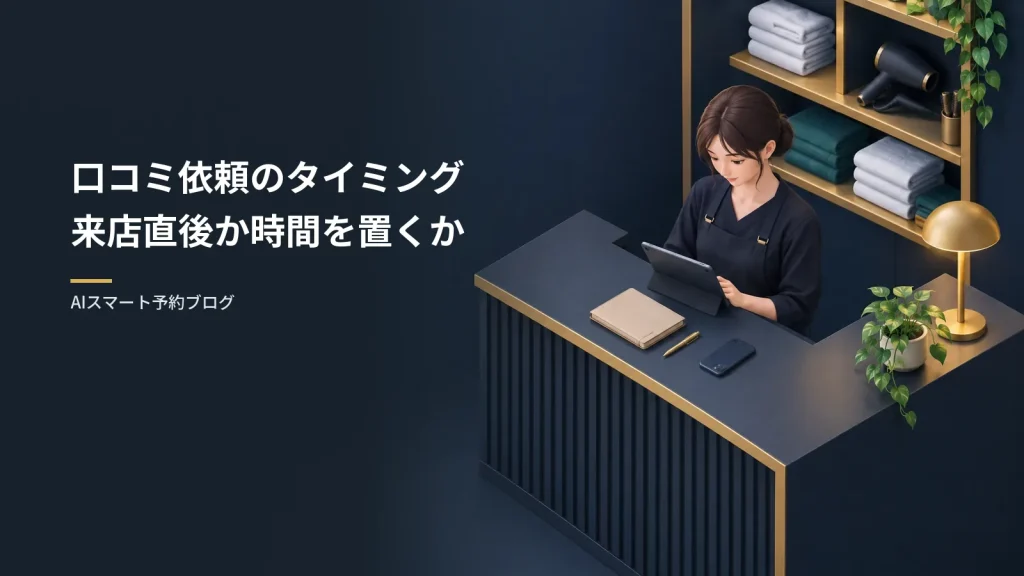 口コミ依頼のタイミング|来店直後か時間を置くか 口コミ依頼のタイミング来店直後か時間を置くか(閉店後の美容院の受付で、スタッフがタブレットを見ながら来店後の連絡を確かめている様子)