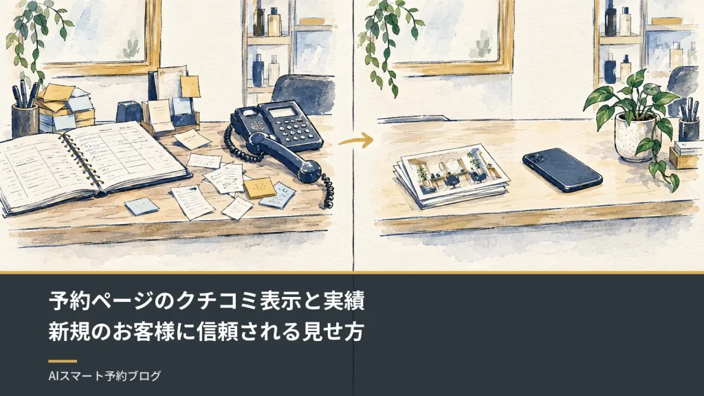 予約ページのクチコミ表示と実績新規のお客様に信頼される見せ方（美容院の受付カウンターで、左は紙の予約帳と電話で散らかった様子、右は片付いて落ち着いた様子を描いた手描きのスケッチ）