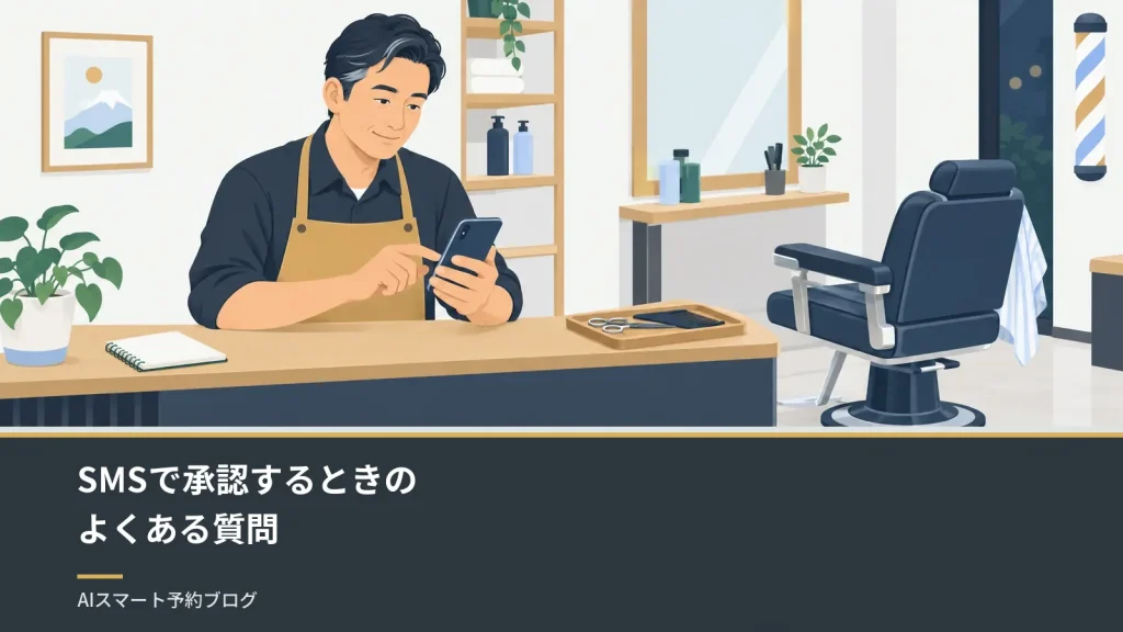 SMSで予約を承認するときのよくある質問|リンクの期限・前後の予約・却下のしかた SMSで承認するときのよくある質問(閉店後の理容室の受付で、店主がスマートフォンを手に予約を確かめている様子)