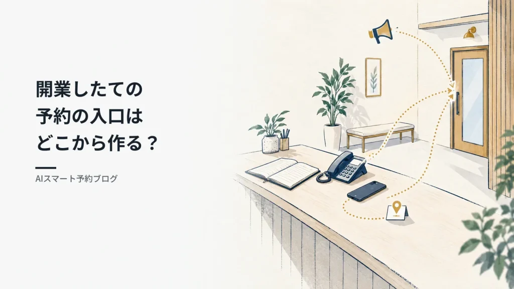 開業の集客は予約ページから?Googleマップ・SNS・広告の入口の決め方 開業したての予約の入口はどこから作る?(夕方のリラクゼーションサロンの受付を手描き風に描いたイラスト。地図・スマホ・案内の札から1つの入口へ道がつながっている)