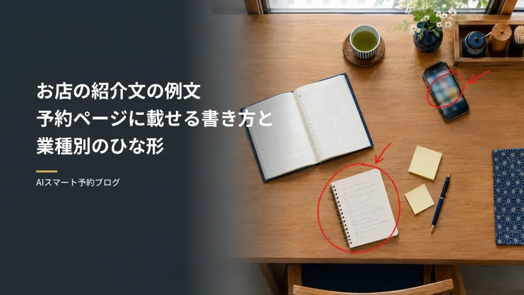 お店の紹介文の例文|予約ページに載せる書き方と業種別のひな形 お店の紹介文の例文予約ページに載せる書き方と業種別のひな形(飲食店の机を真上から見た様子。開いた予約帳と、紹介文の下書きを書くノート、付箋、ペンが並んでいる)
